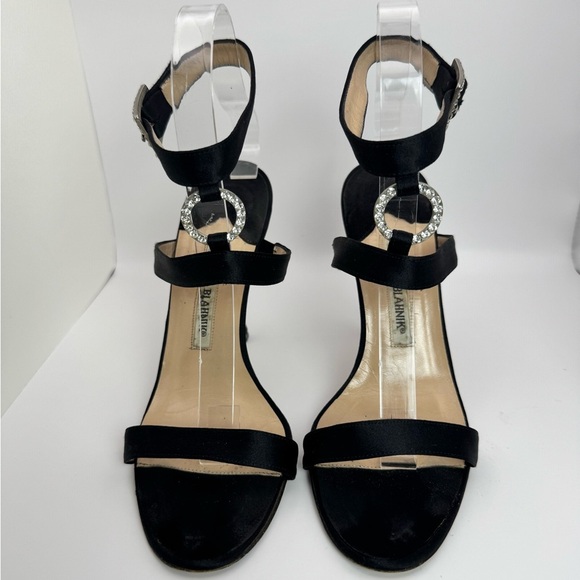 Manolo Blahnik Crystal Buckle & Ring Black Suede Open Toe Sandal Heel - Size 38 - Picture 3 of 12